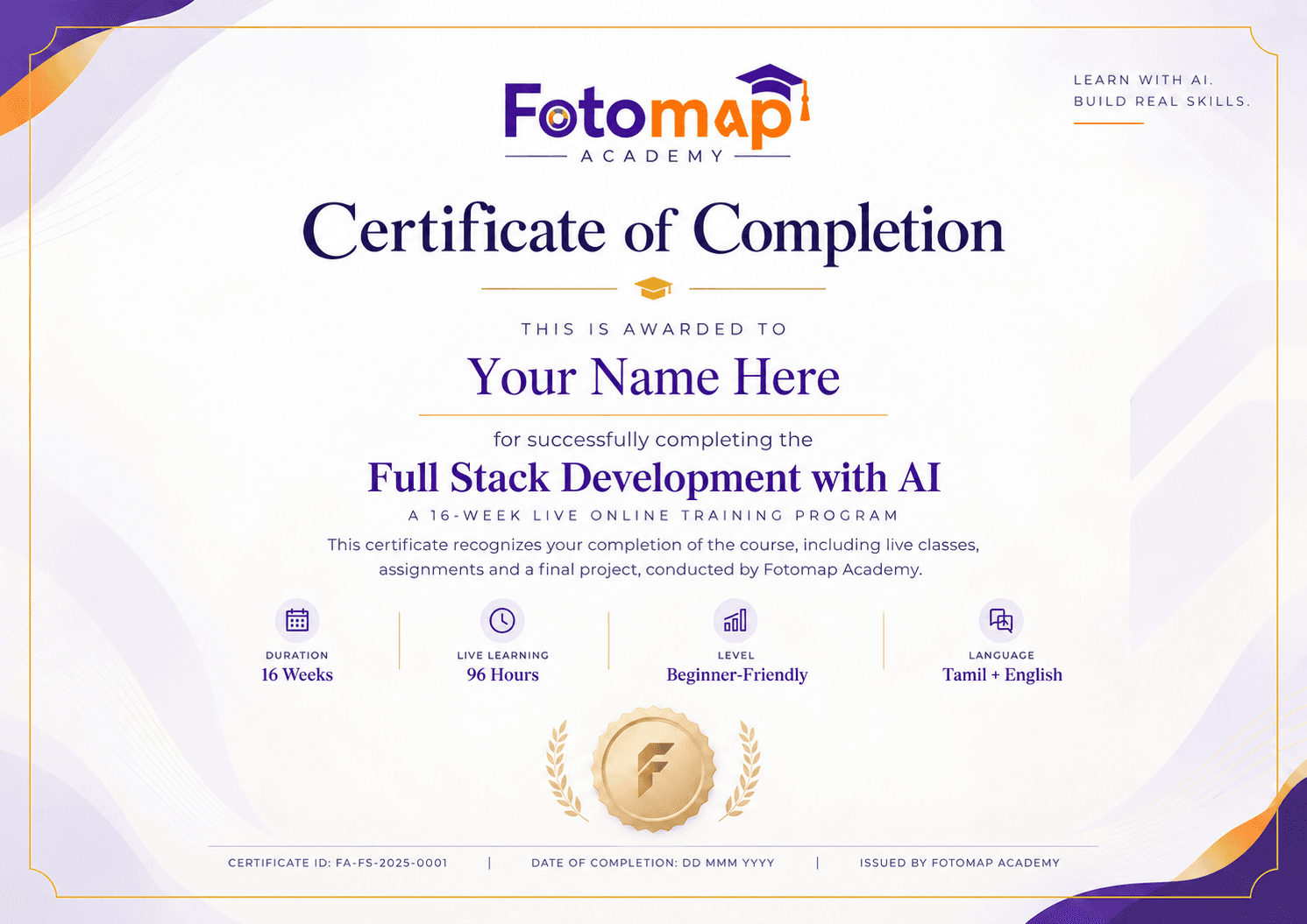 Sample Fotomap Academy Certificate of Completion for Full Stack Development with AI, with placeholder learner details and no named signatories